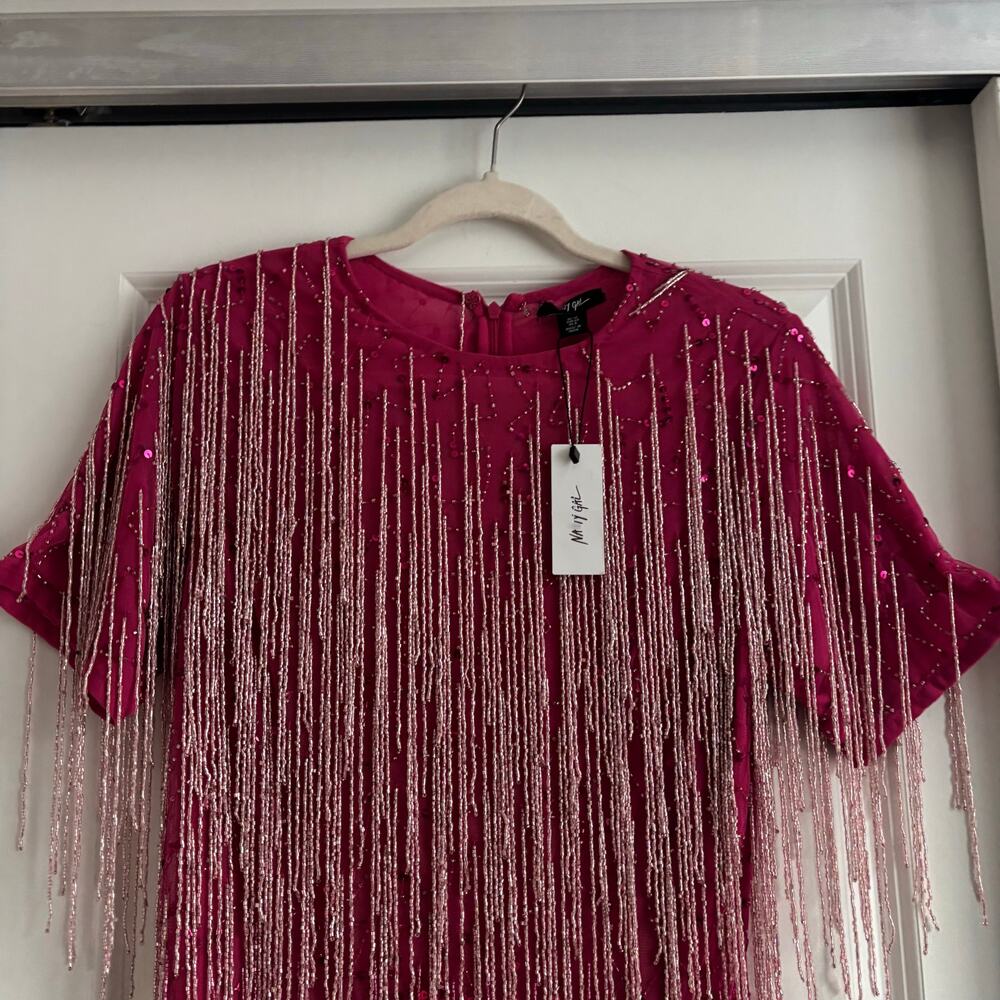 NWT Nasty Gal Tassel Beaded Mini Shift Dress Size 8 Party Hot Pink Festival - Picture 4 of 13